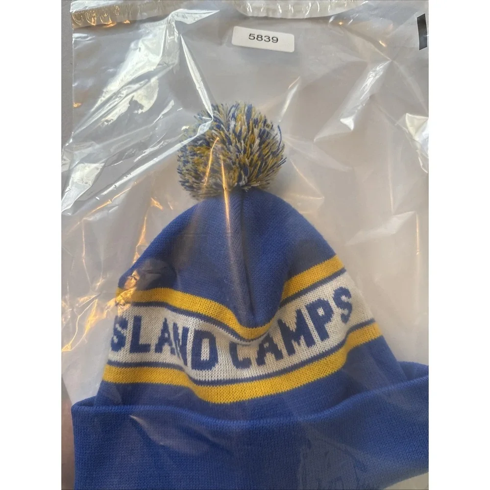 Catalina Island Camps Knit Pom Beanie Hat Retro Gorpcore Skater Blue Yellow